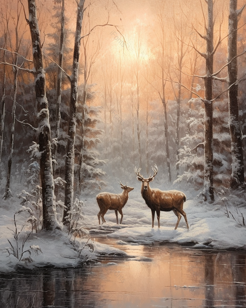 油画冬日夜幕森林河边杉树下的雪鹿,插画/手绘图,插画/手绘图库,插画/手绘图下载,插画/手绘